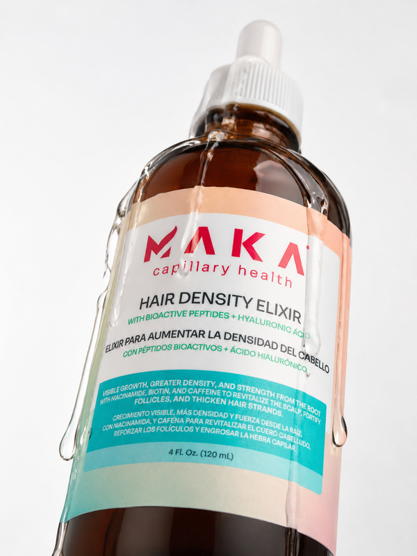 Paso 2 — Hair Density Elixir: Aplica gota a gota en el cuero cabelludo seco, dividido en secciones. Masajea 2 minutos. Sin aclarado. 3 veces por semana.